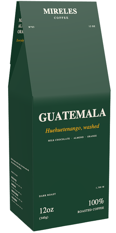 Dark roast, Guatemala. A 12 oz carton of Guatemala coffee from Huehuetenango.