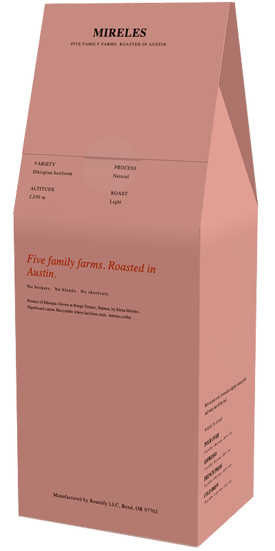 Light roast, Ethiopia. A 12 oz carton of Ethiopia coffee from Sidama.