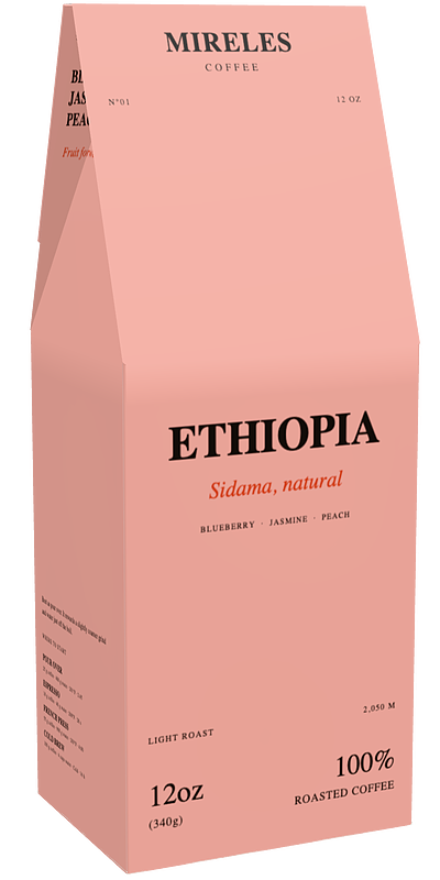 Light roast, Ethiopia. A 12 oz carton of Ethiopia coffee from Sidama.