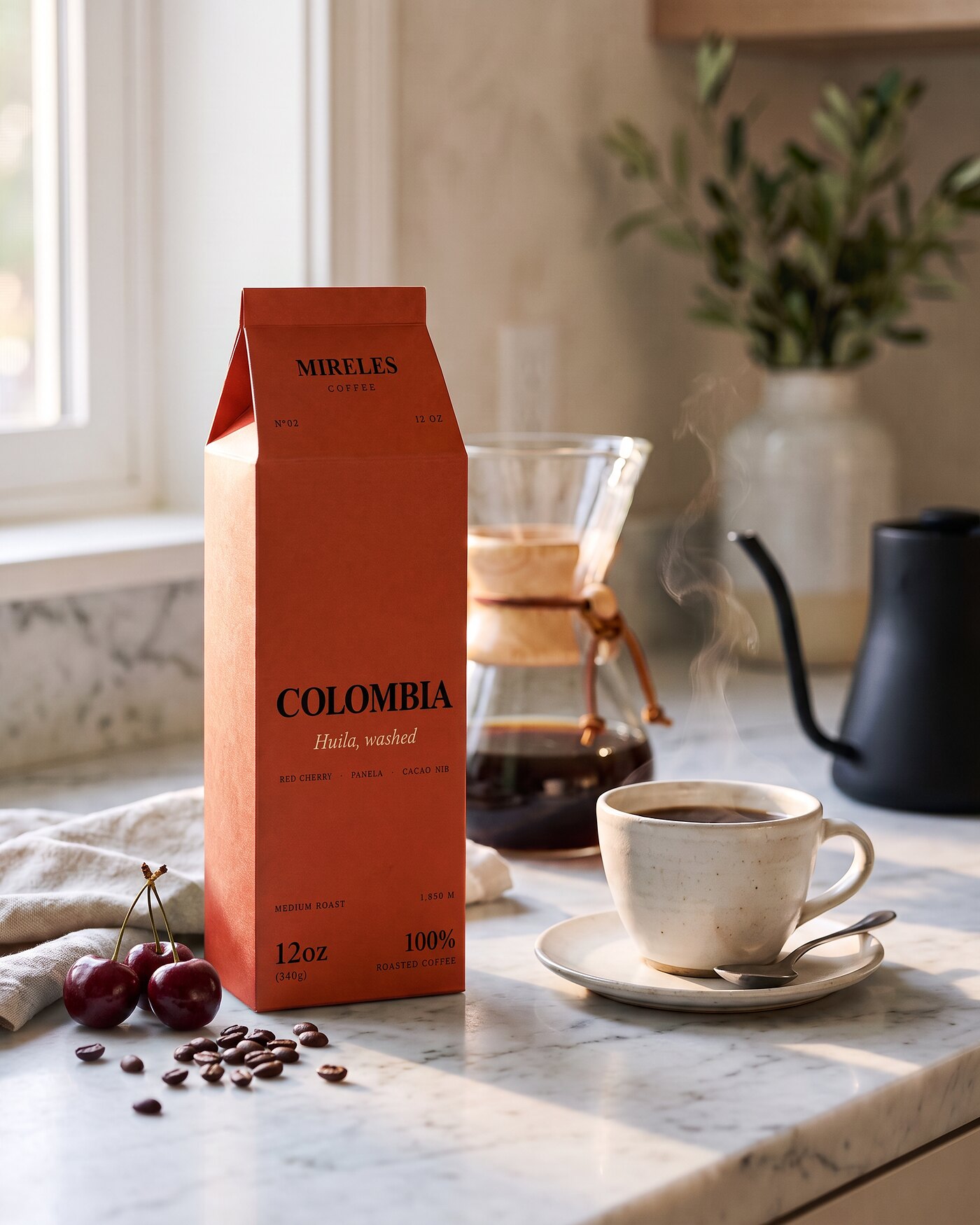 The Colombia carton on a marble kitchen counter, beside a pour over and a fresh cup.