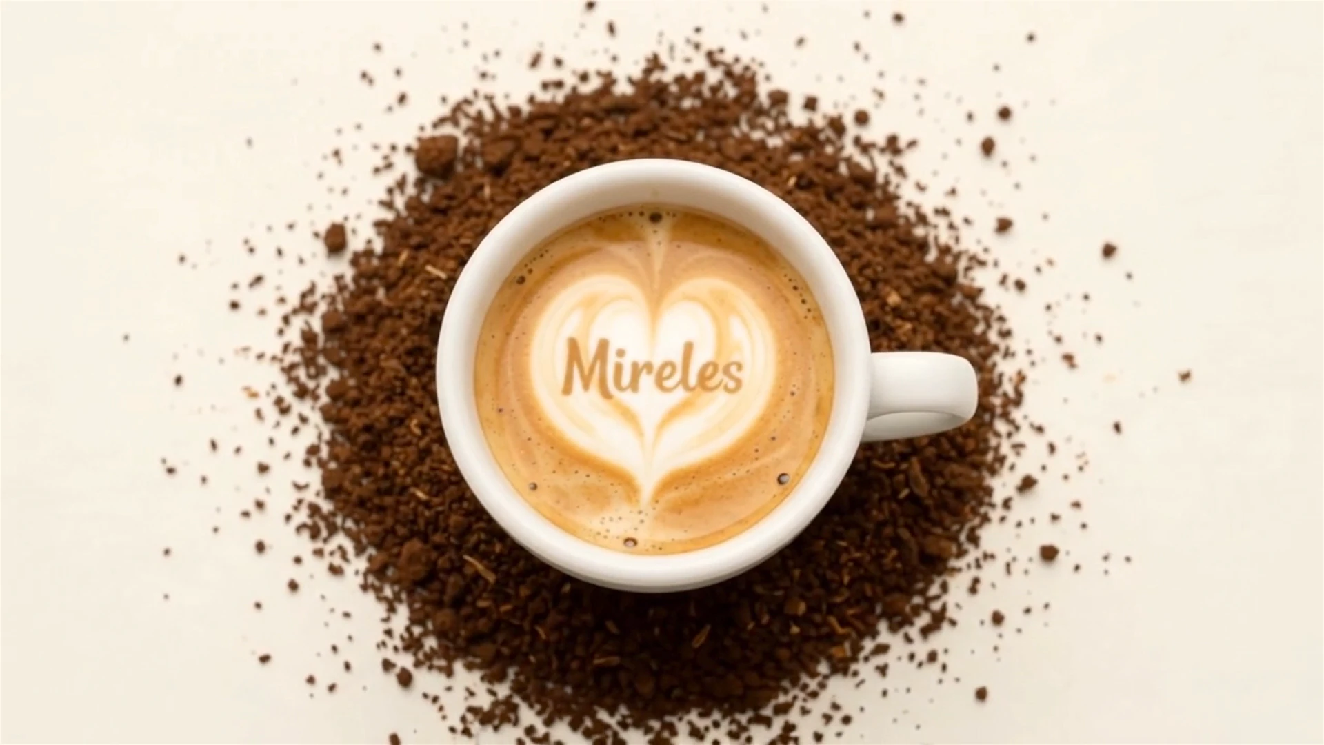 A latte with Mireles drawn in the foam, on a bed of ground coffee.