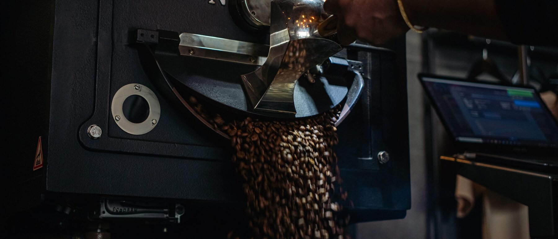 Roasted beans pouring from the drum of a roaster into the cooling tray.